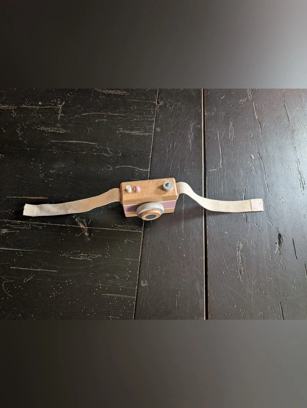 Wooden Toy Play Camera w/ Movable Lens and Gray Film Knob Velcro Strap